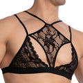 Black lace bra with intricate floral patterns and thin straps from secret male sma028 tops and bras collection
