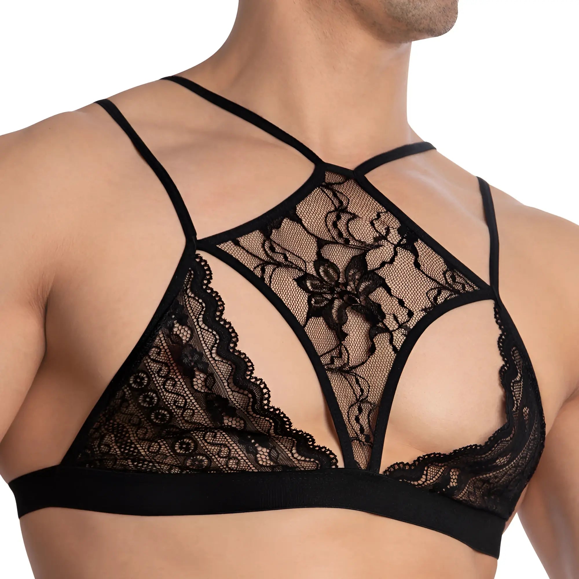 Black lace bra with intricate floral patterns and thin straps from secret male sma028 tops and bras collection
