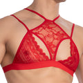 Red lace bra with intricate floral patterns and thin straps from secret male sma028 tops and bras collection