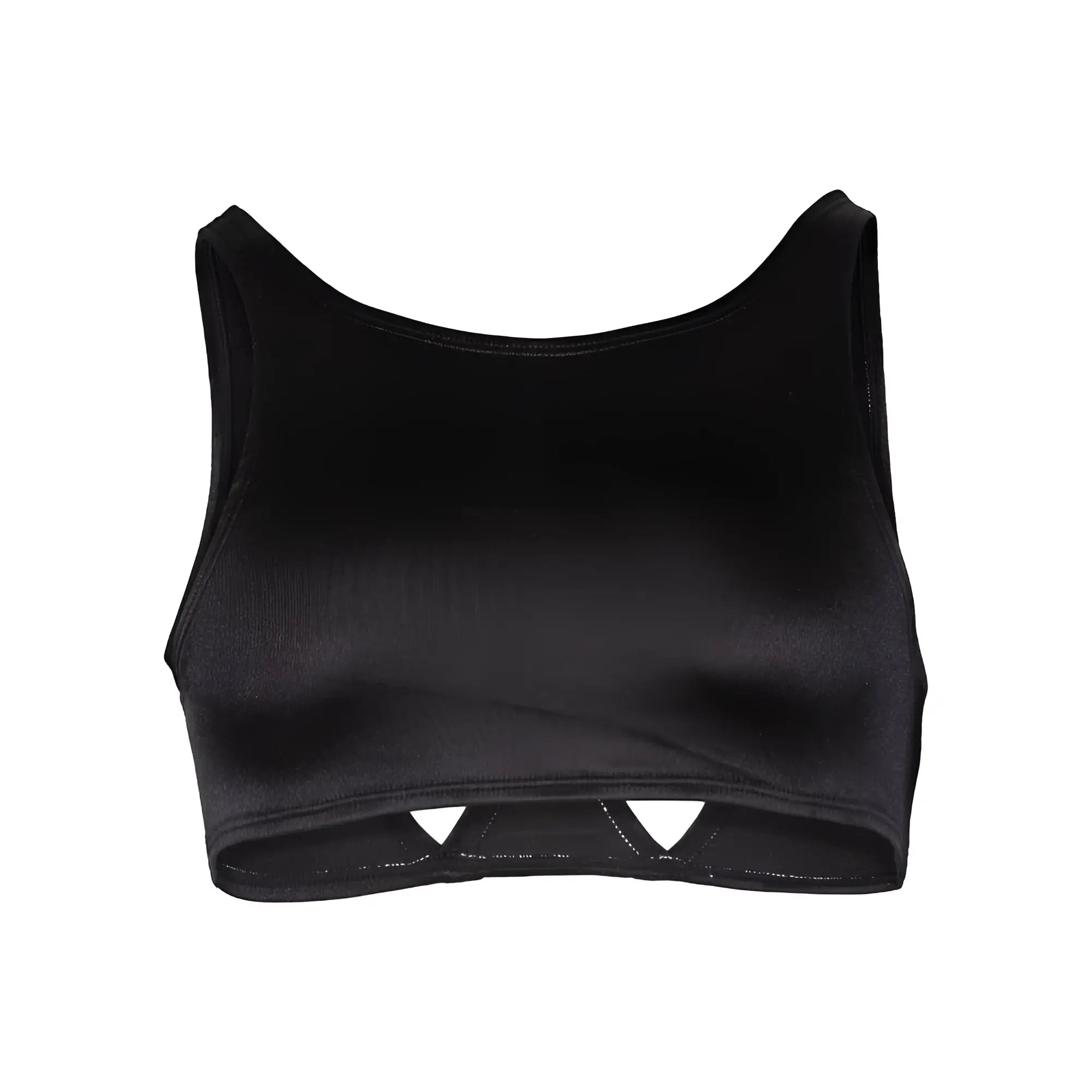 Black satin crop top with triangular cutouts at the bottom from secret male sma030 tops collection