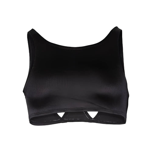 Black satin crop top with triangular cutouts at the bottom from secret male sma030 tops collection