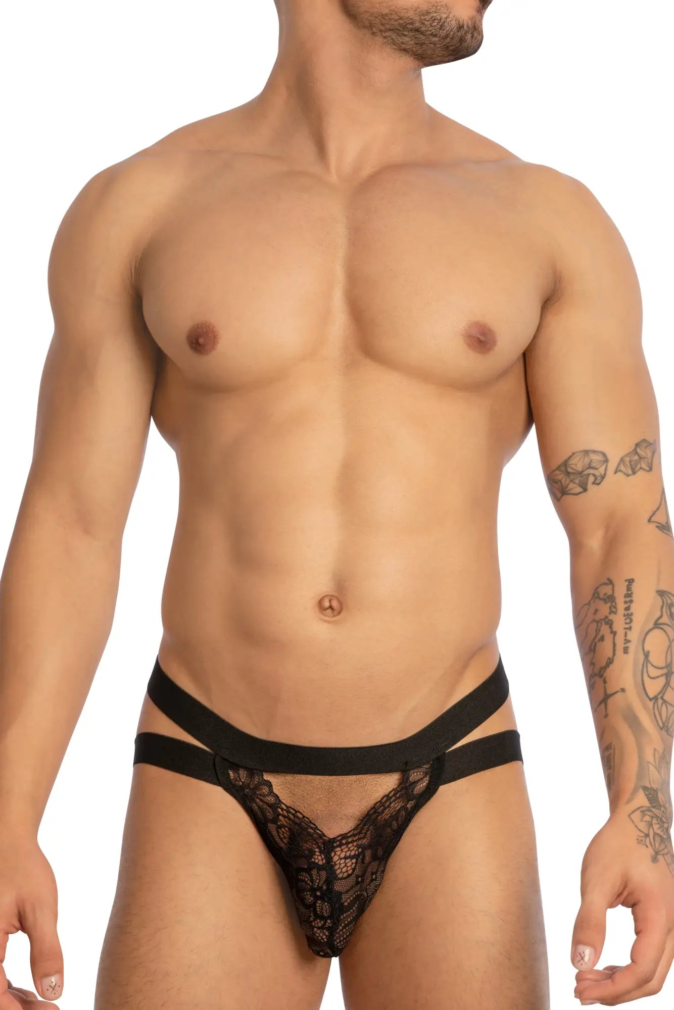 Black lace thong with three elastic straps showing the back side in secret male smc0014 bikini design
