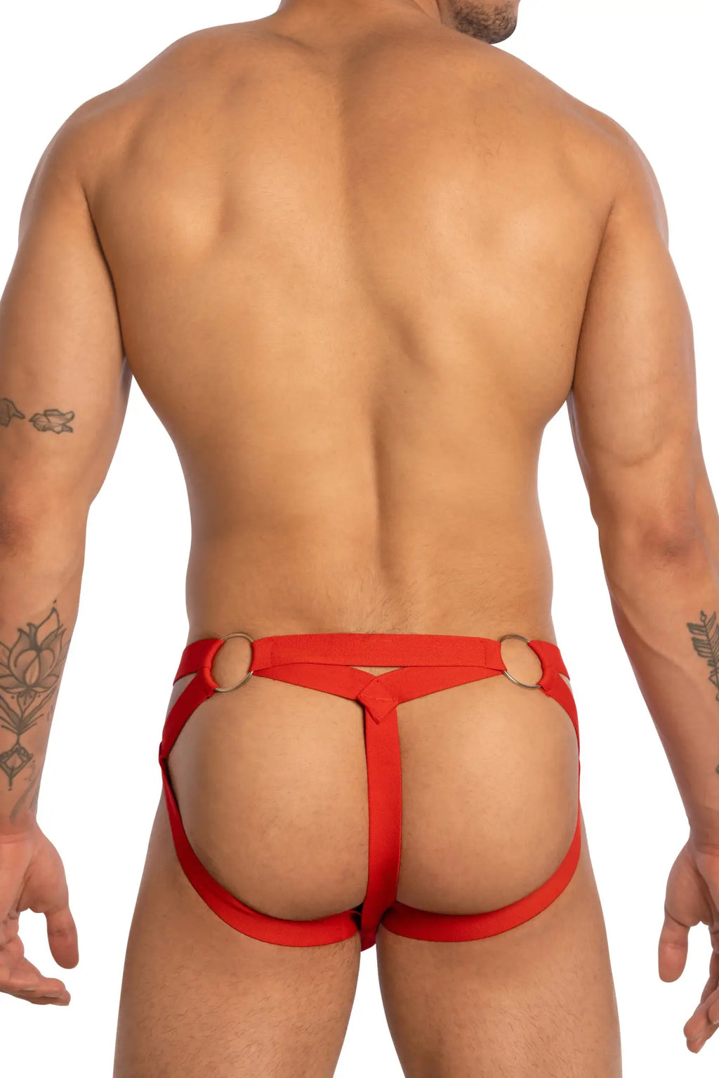 Red harness-style bikini briefs secret male smc0014 with gold-toned circular metal rings at the sides