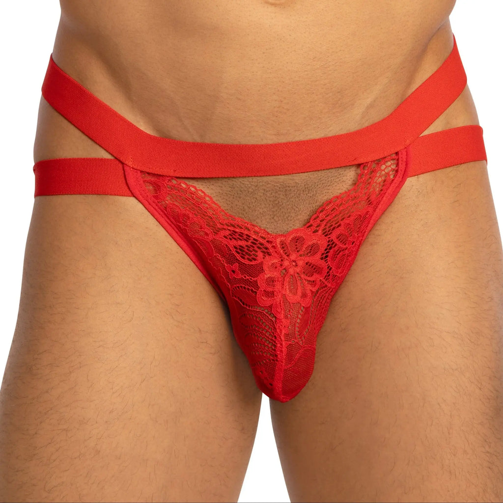 Red lace thong bikini brief with floral pattern and wide supportive elastic straps from Secret Male SMC0014