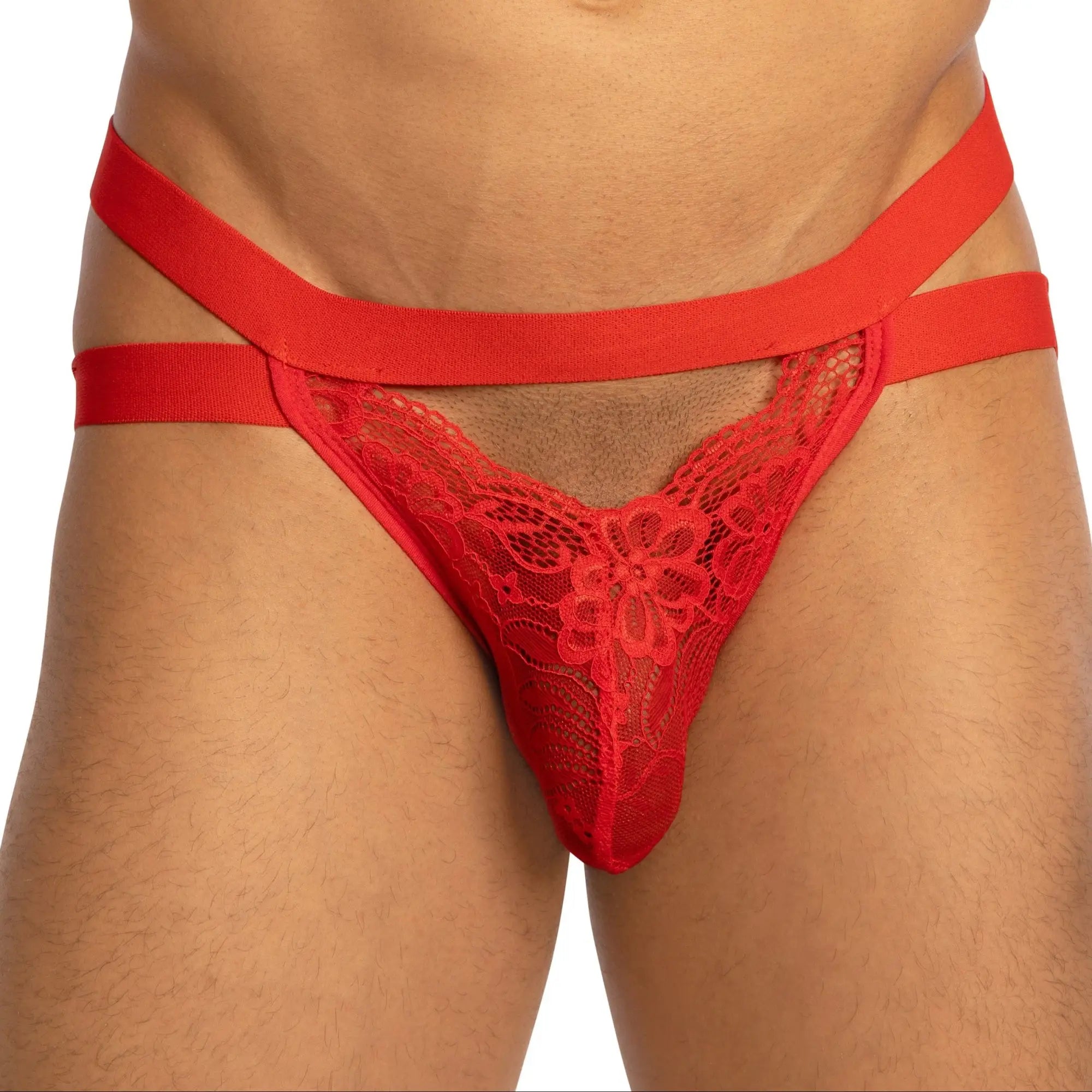 Red lace thong bikini brief with floral pattern and wide supportive elastic straps from Secret Male SMC0014
