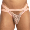 Pink lace thong bikini with delicate floral pattern and matching elastic straps from Secret Male SMC0014 product line