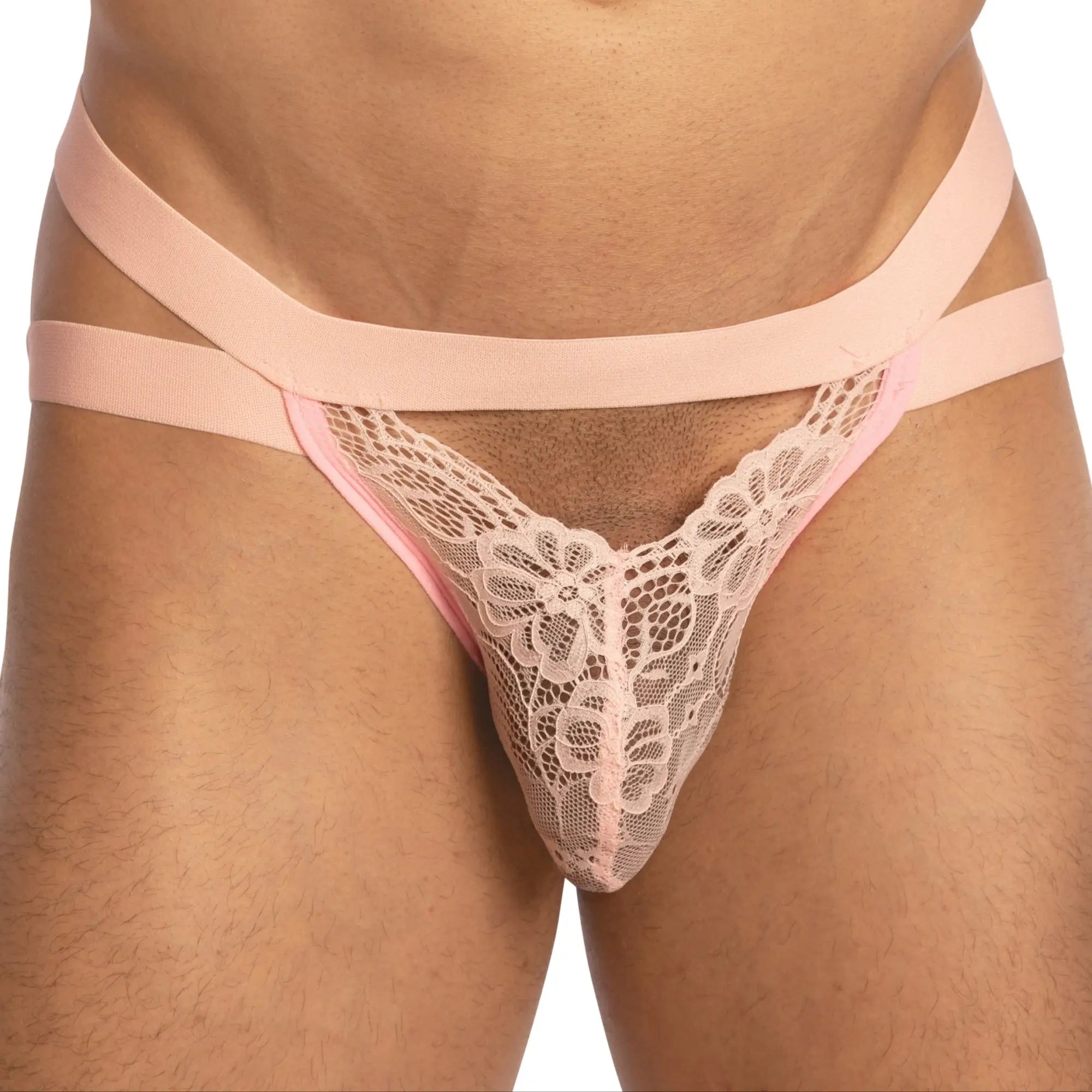 Pink lace thong bikini with delicate floral pattern and matching elastic straps from Secret Male SMC0014 product line