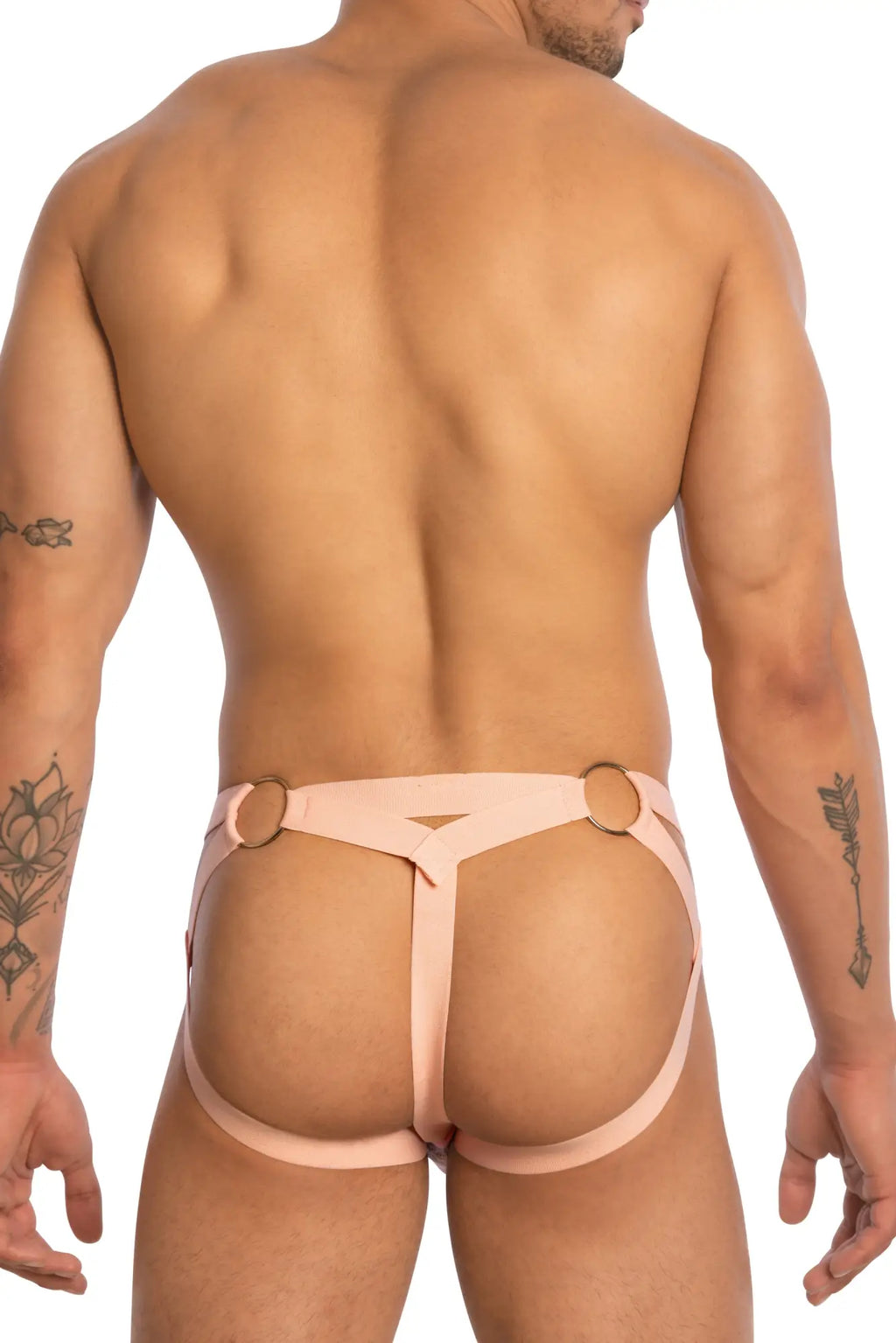 Pink leather bikini harness with gold-tone metal rings from secret male smc0014 collection