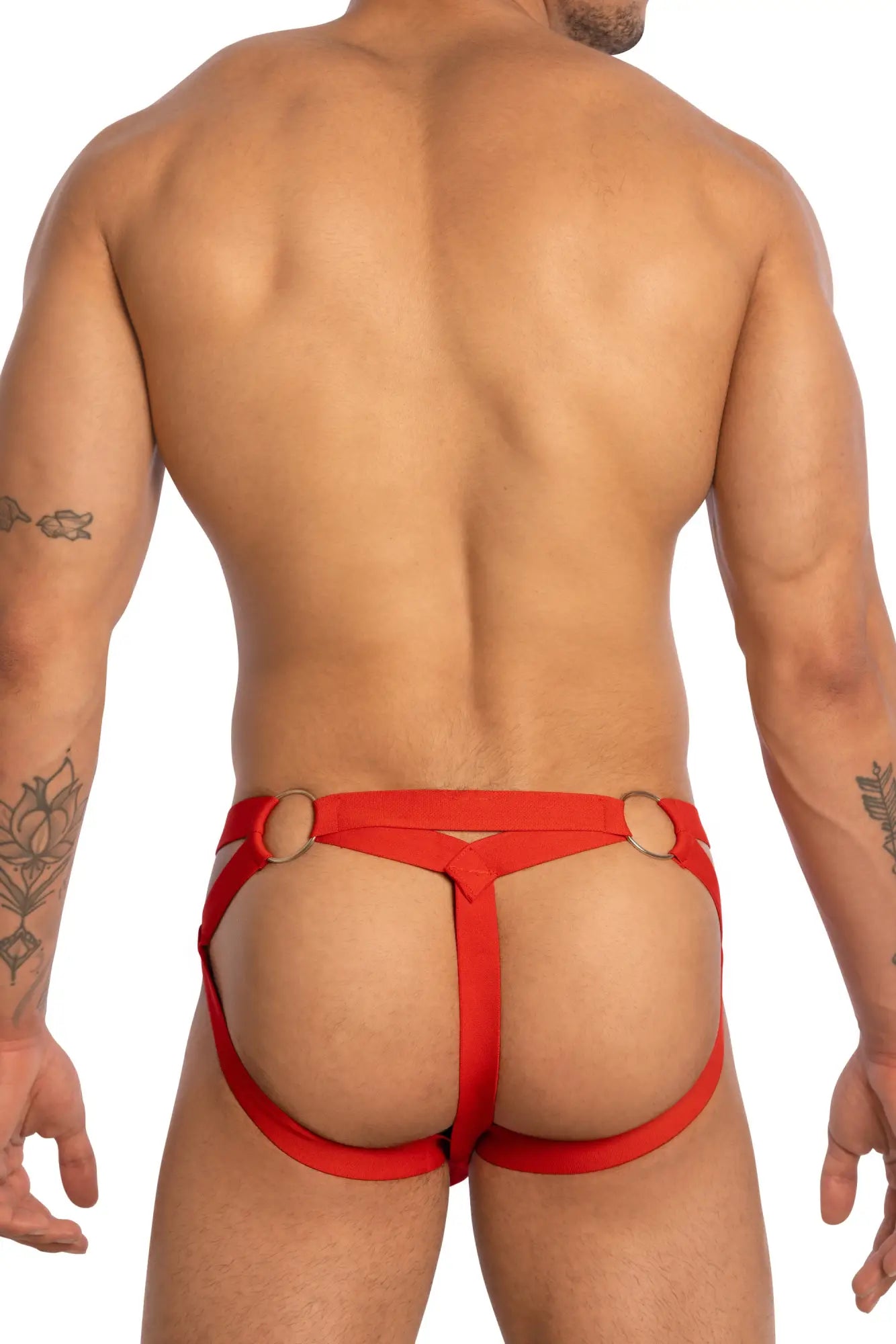 Secret Male SMC0014 bikini red harness briefs with gold-toned circular metal rings on the sides