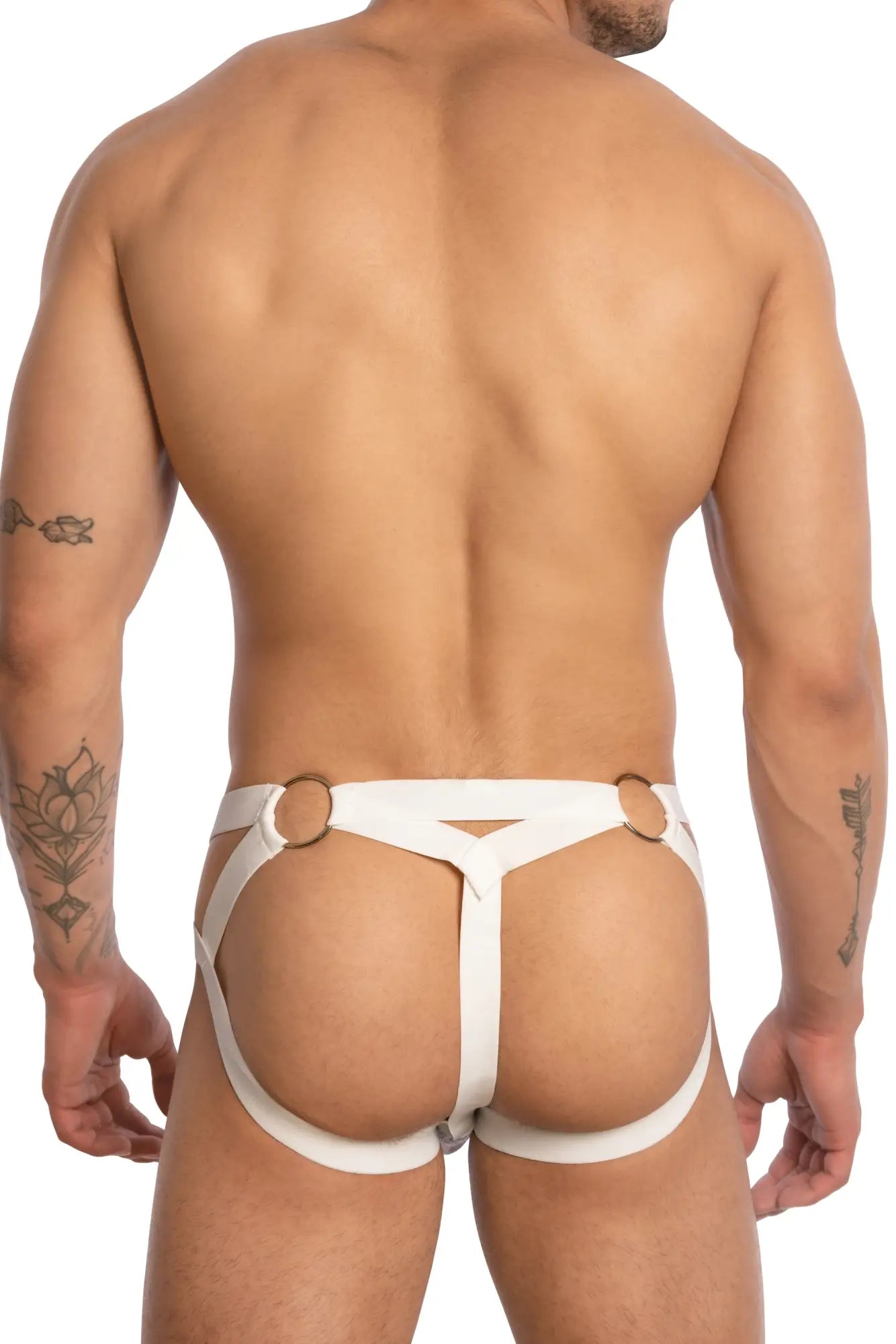 White leather harness bikini with gold-toned metal rings from secret male smc0014 showcasing front design