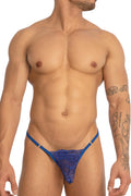 Blue lace thong bikini brief with thin straps and decorative pattern in secret male smc0015 design