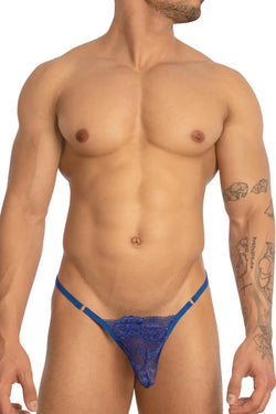 Blue lace thong bikini brief with thin straps and decorative pattern in secret male smc0015 design