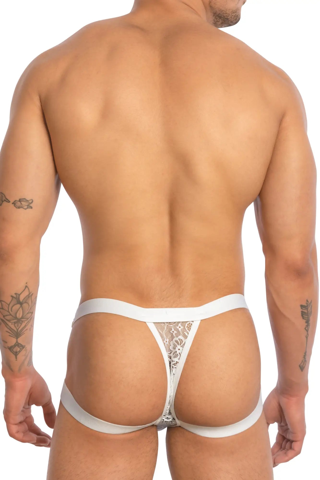 White lace thong bikini brief with wide elastic waistband and leg straps from Secret Male SMC0016 collection