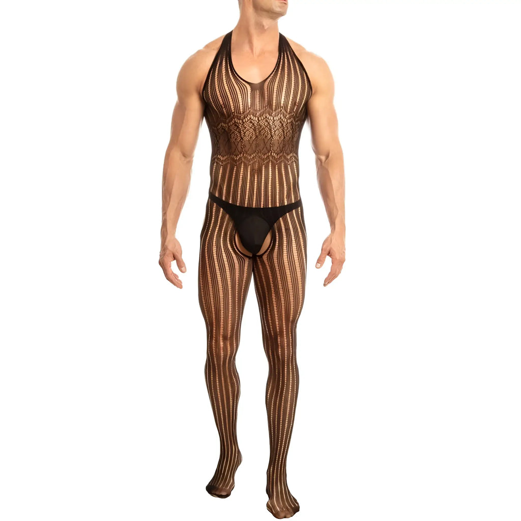 Secret male smc002 black and tan striped mesh bodysuit with halter neckline lace detailing and matching leg coverings