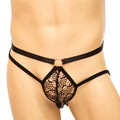 Black lace thong bikini brief with central circular ring and adjustable straps by secret male smc0020