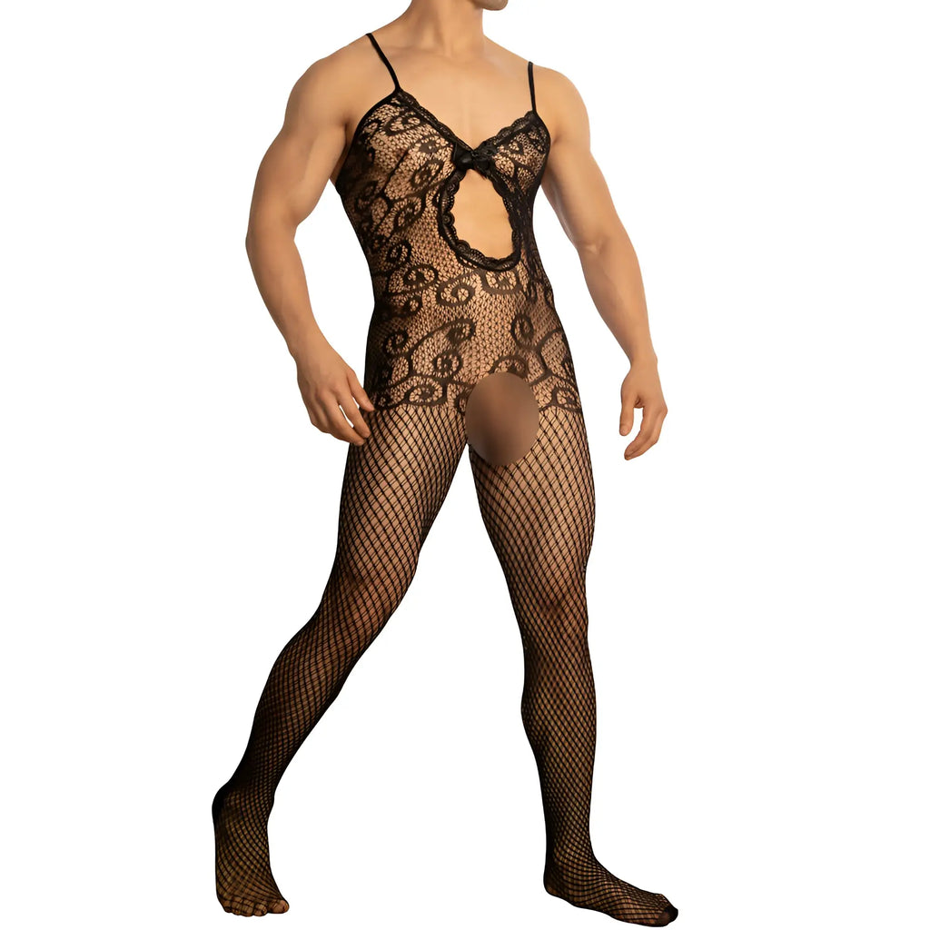Black lace secret male smc009 bodysuit and harness with sheer mesh overlay and fishnet pattern