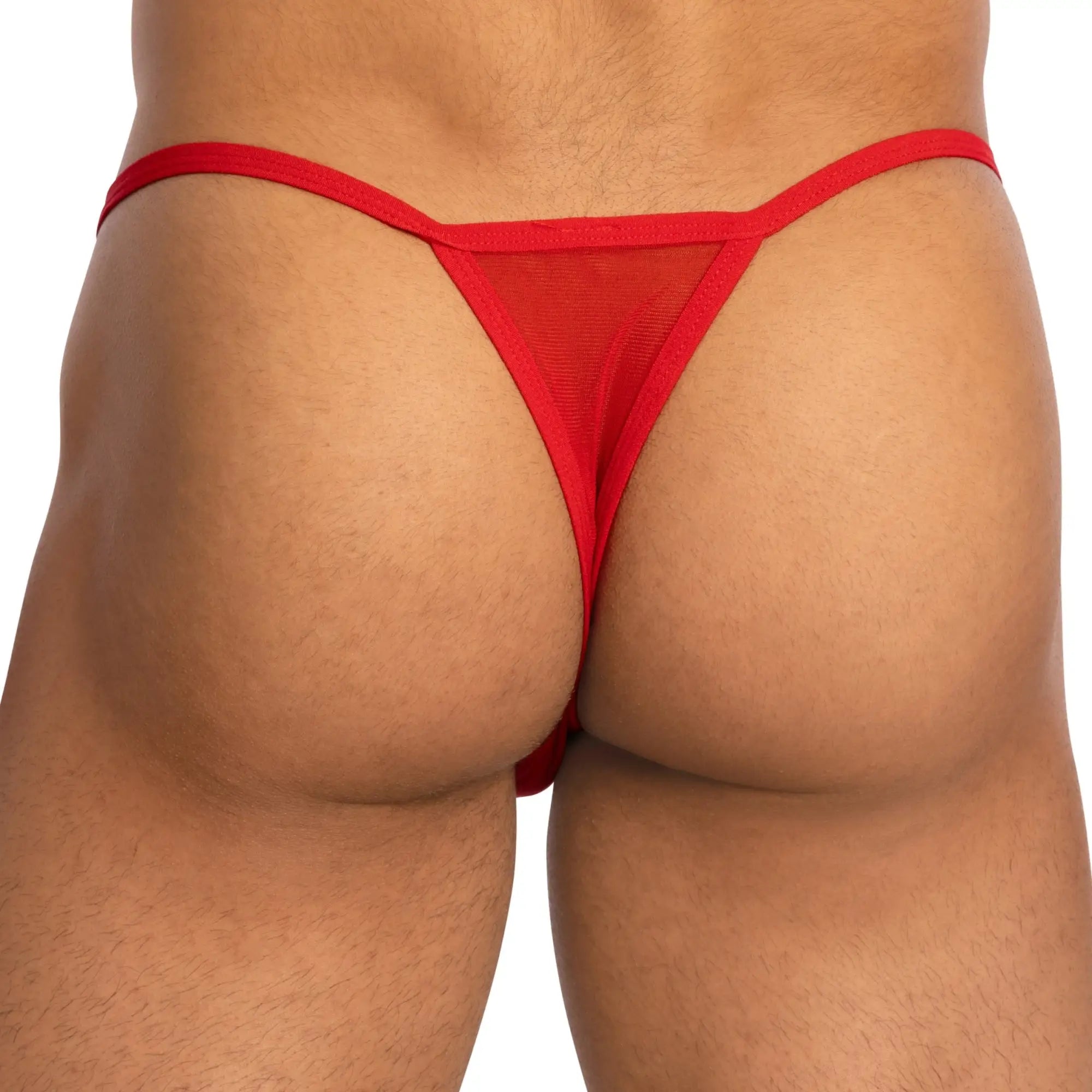 Red mesh thong bikini brief with solid red waistband by secret male smc015 shown from front side