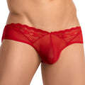 Red sheer lace-trimmed men’s underwear with transparent mesh design secret male SME005 jockstrap front view