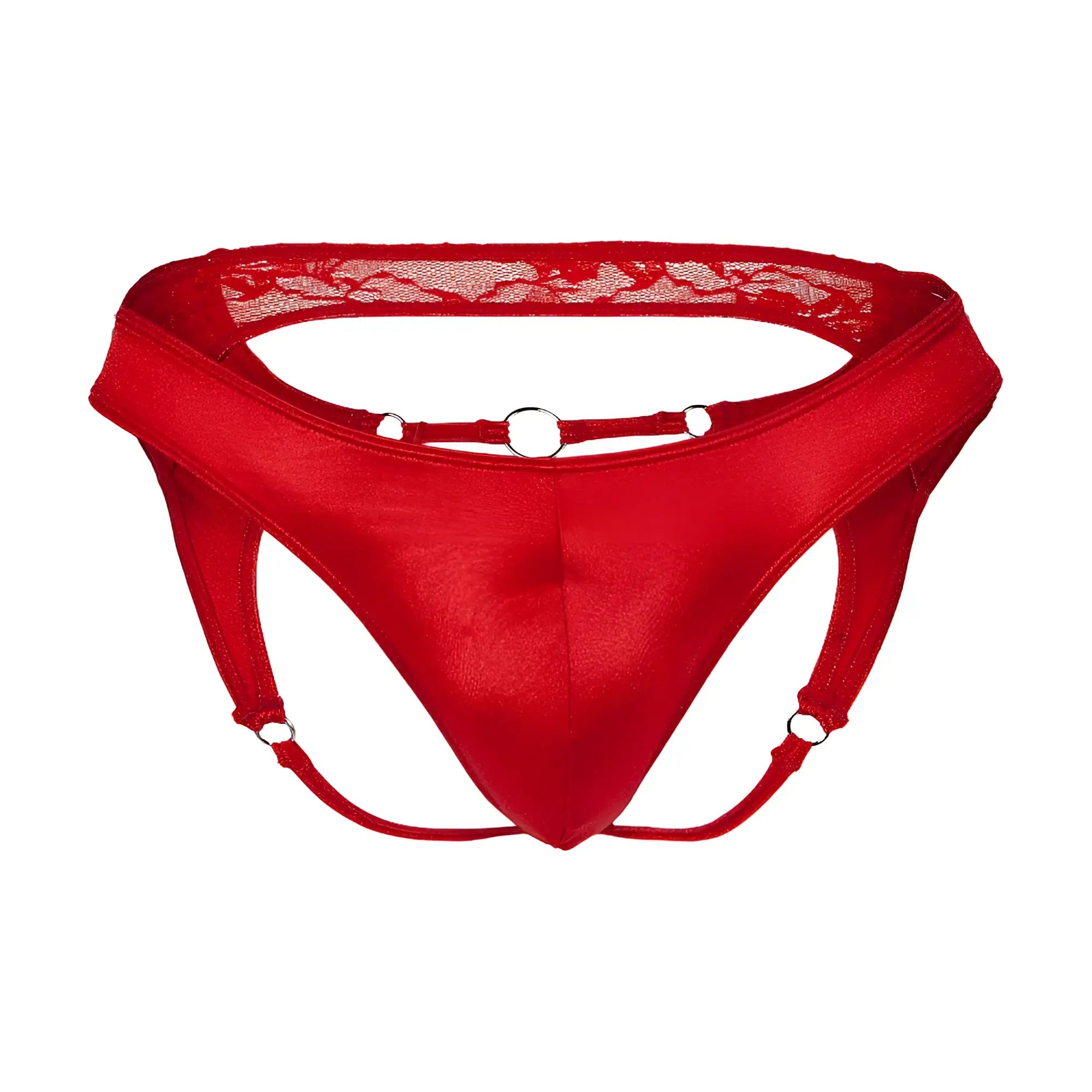 Red satin thong with lace trim and metal rings shown from the back in secret male SME007 jockstrap style