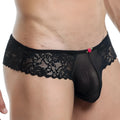 Black lace thong bikini brief with delicate floral pattern and small red rose accent by Secret Male SMI022