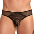 Black lace thong bikini brief with sheer mesh sides and floral pattern by secret male smi034 shown from the back