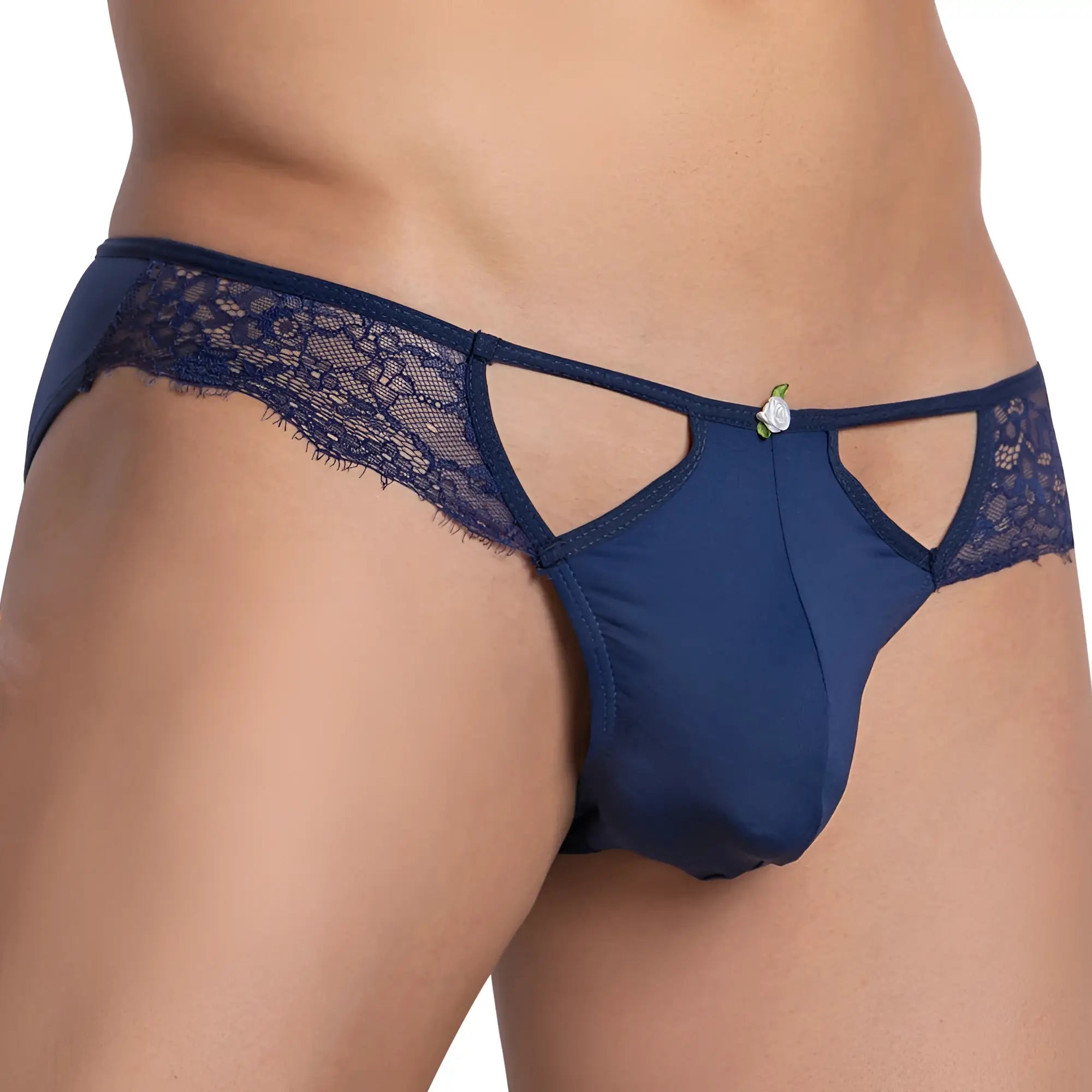 Navy blue lace-trimmed men’s thong with a small white floral accent from Secret Male SMI050 bikini brief collection