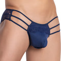 Navy blue lace-trimmed men’s thong with three-strap design by Secret Male smi051 showing back side