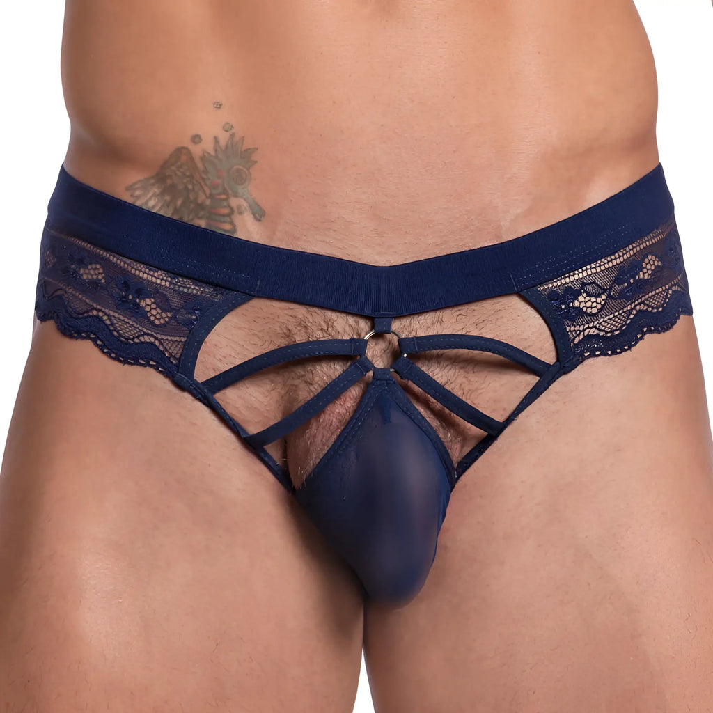 Navy blue secret male SMI053 bikini brief thong with lace trim sheer molded pouch and crisscross straps