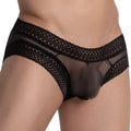 Black lace-trimmed sheer secret male smi055 bikini brief with transparent mesh and floral patterned edges