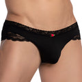 Secret male smi062 bikini brief black lace-trimmed men’s briefs with a small red rose embellishment front view