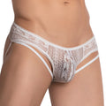 White lace thong bikini brief with sheer mesh floral and circular patterns and scalloped edges by secret male smi063