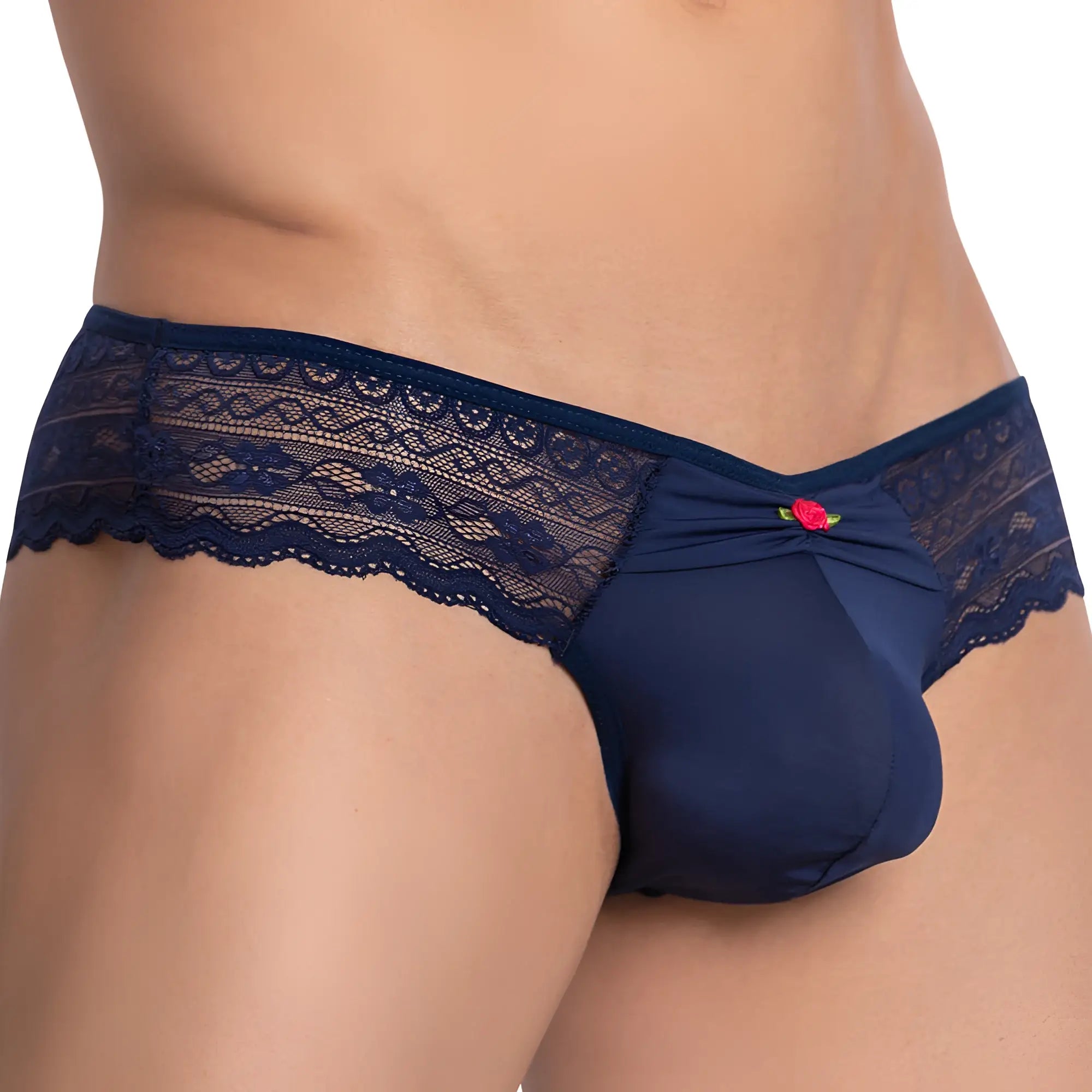 Navy blue lace trimmed men’s satin front bikini briefs with red rose accent in secret male SMI064 design