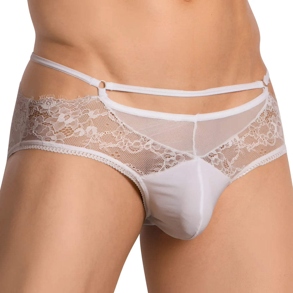 White lace-trimmed men’s bikini brief with sheer mesh panel and adjustable waistband in secret male smi067 design