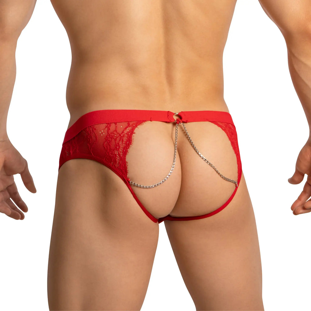Red lace thong bikini with silver chain detail from secret male smi070 collection shown from the back side