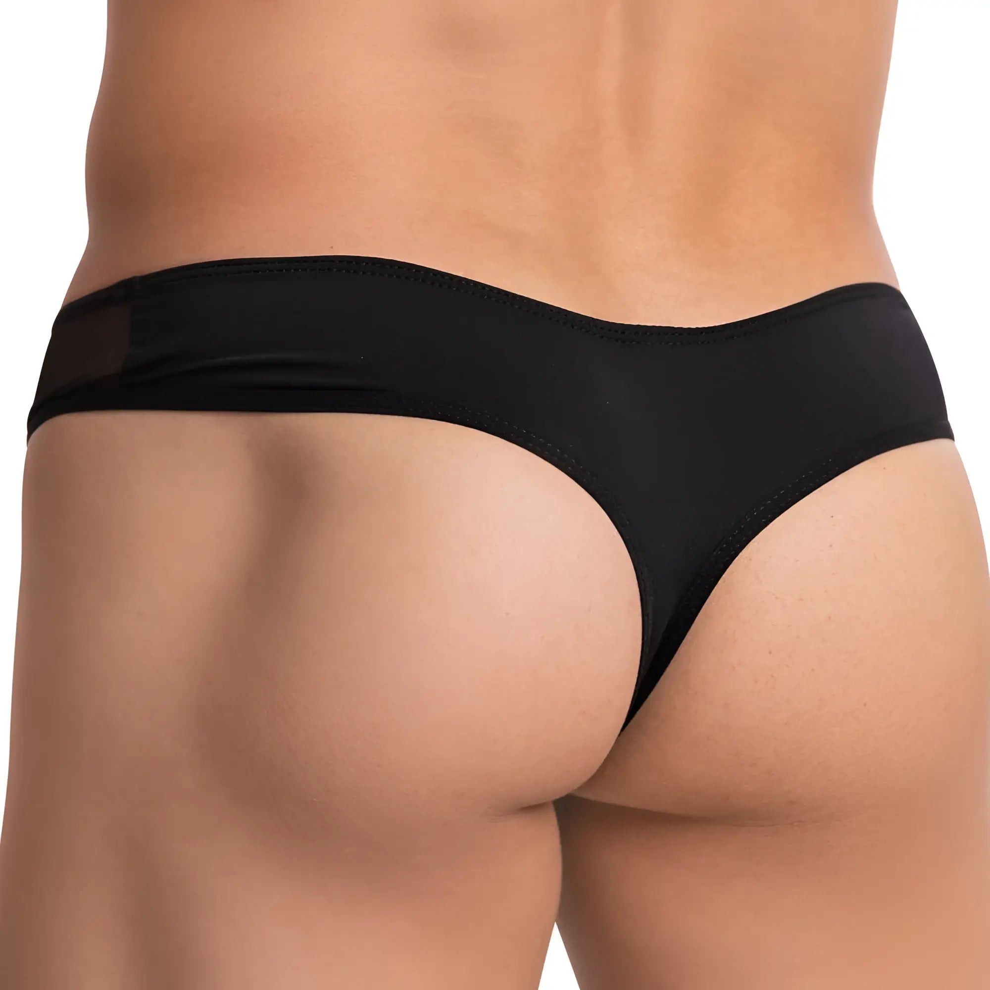 Black secret male smk012 bikini brief made of smooth stretchy fabric with subtle sheen shown from the back side