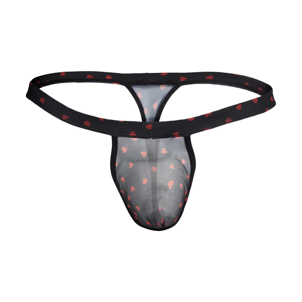 Black mesh male thong with red heart patterns from secret male smk022 flower laced thong with hearts collection