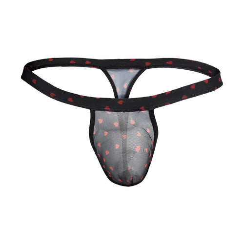 Black mesh male thong with red heart patterns from secret male smk022 flower laced thong with hearts collection