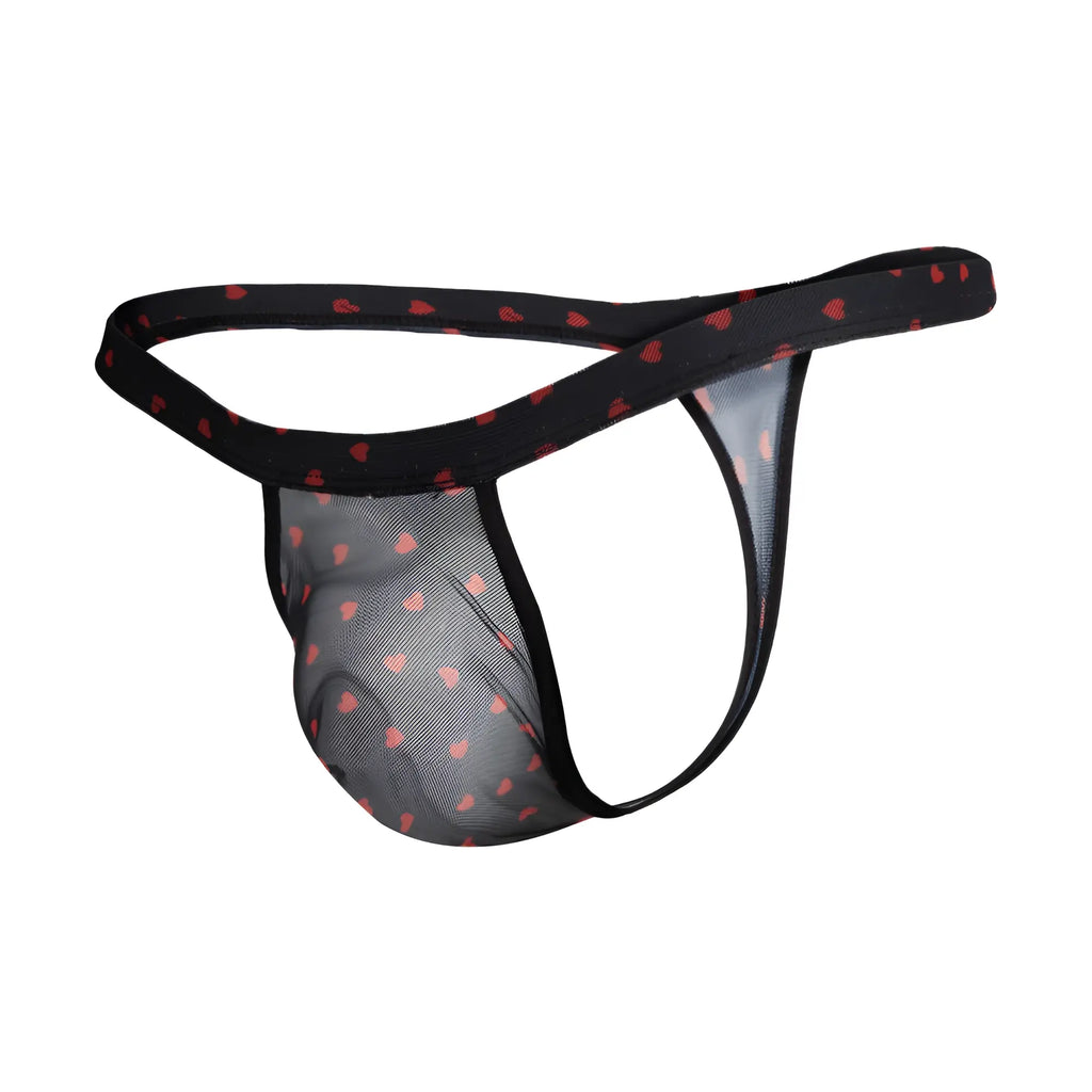 Black mesh thong with red heart patterns from secret male smk022 flower laced thong with hearts collection