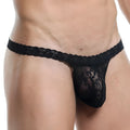 Black lace thong secret male sml008 g-string with intricate floral patterns and sheer mesh fabric front view