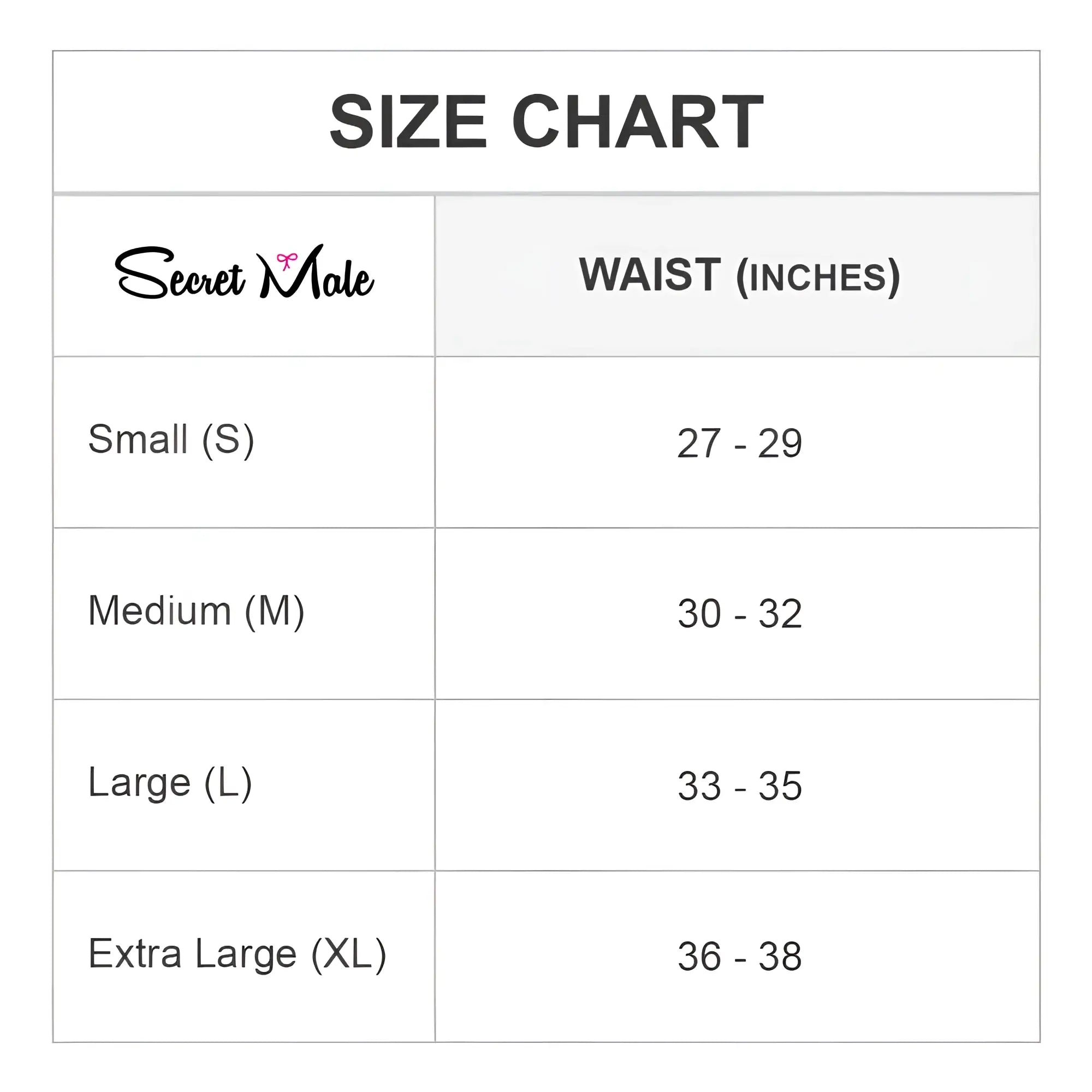 Secret male SML027 g-string size chart showing waist measurements for small medium large and extra large sizes