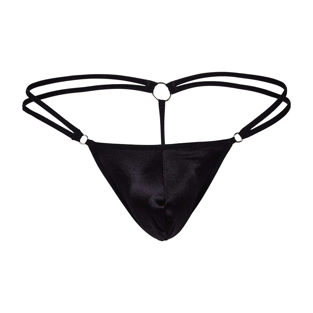 Black satin thong with thin crisscrossing straps and silver toned metal rings for men secret male SML030 G-string