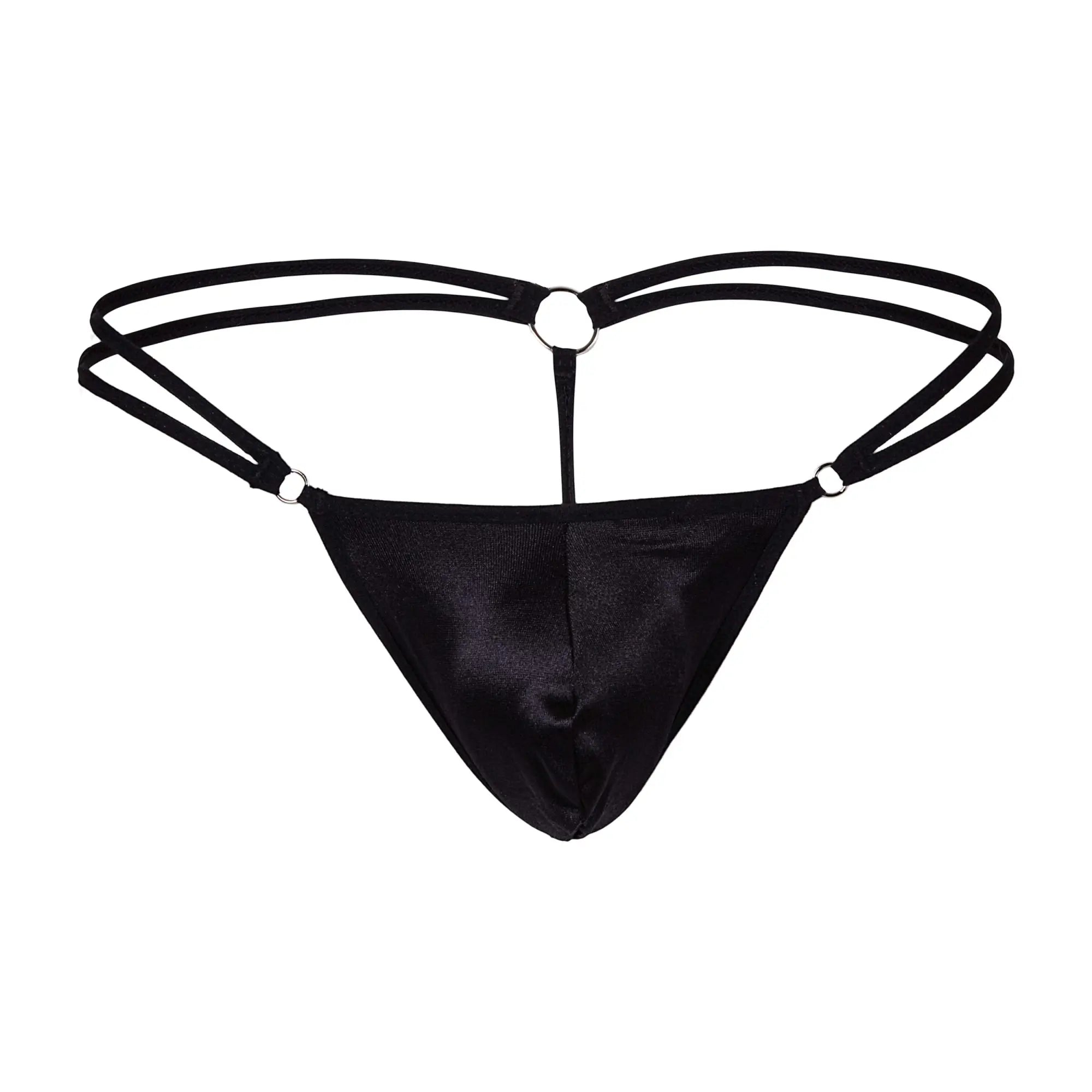 Black satin thong with thin crisscrossing straps and silver toned metal rings for men secret male SML030 G-string