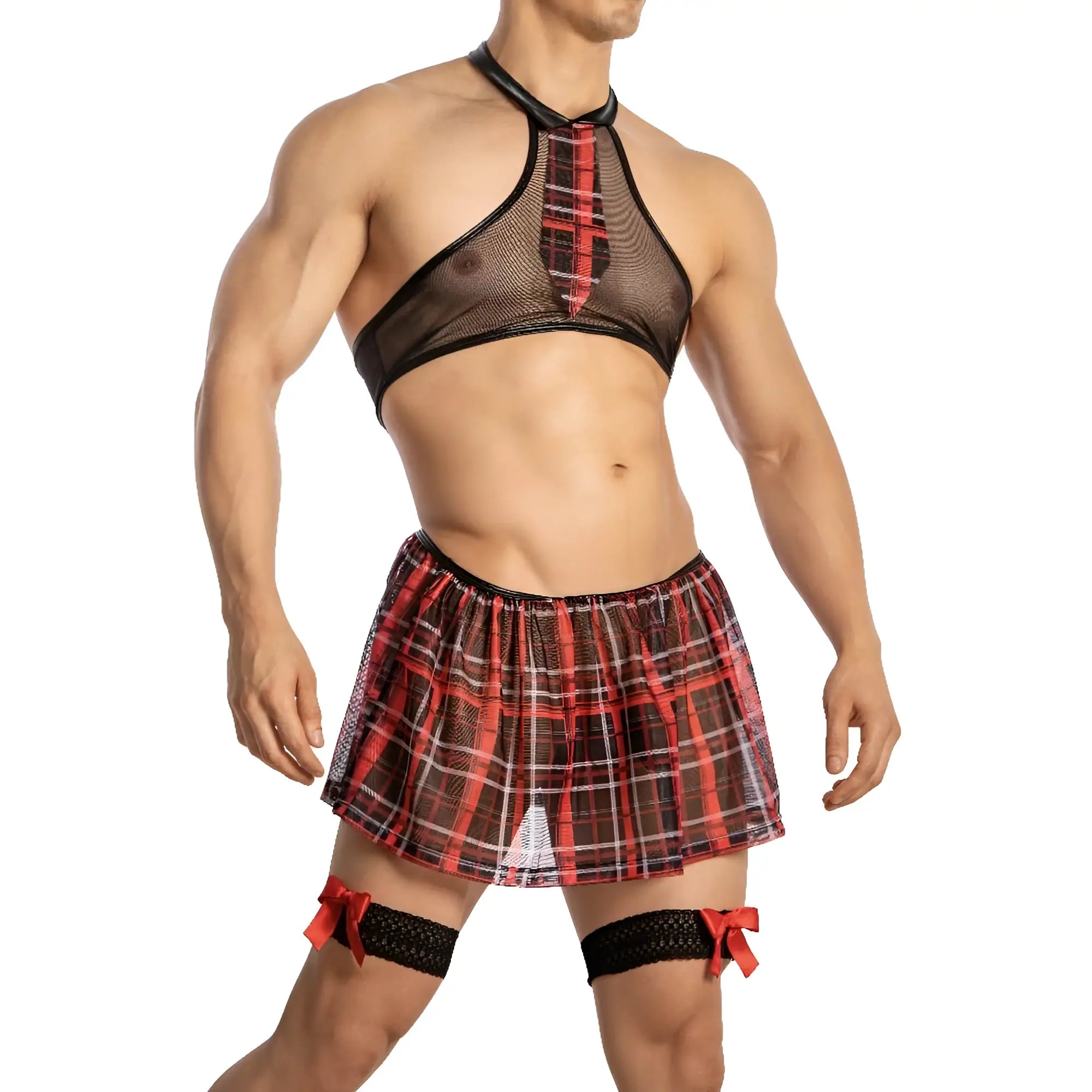 Red and black plaid mesh lingerie set secret male smt002 with halter top pleated skirt and matching garters