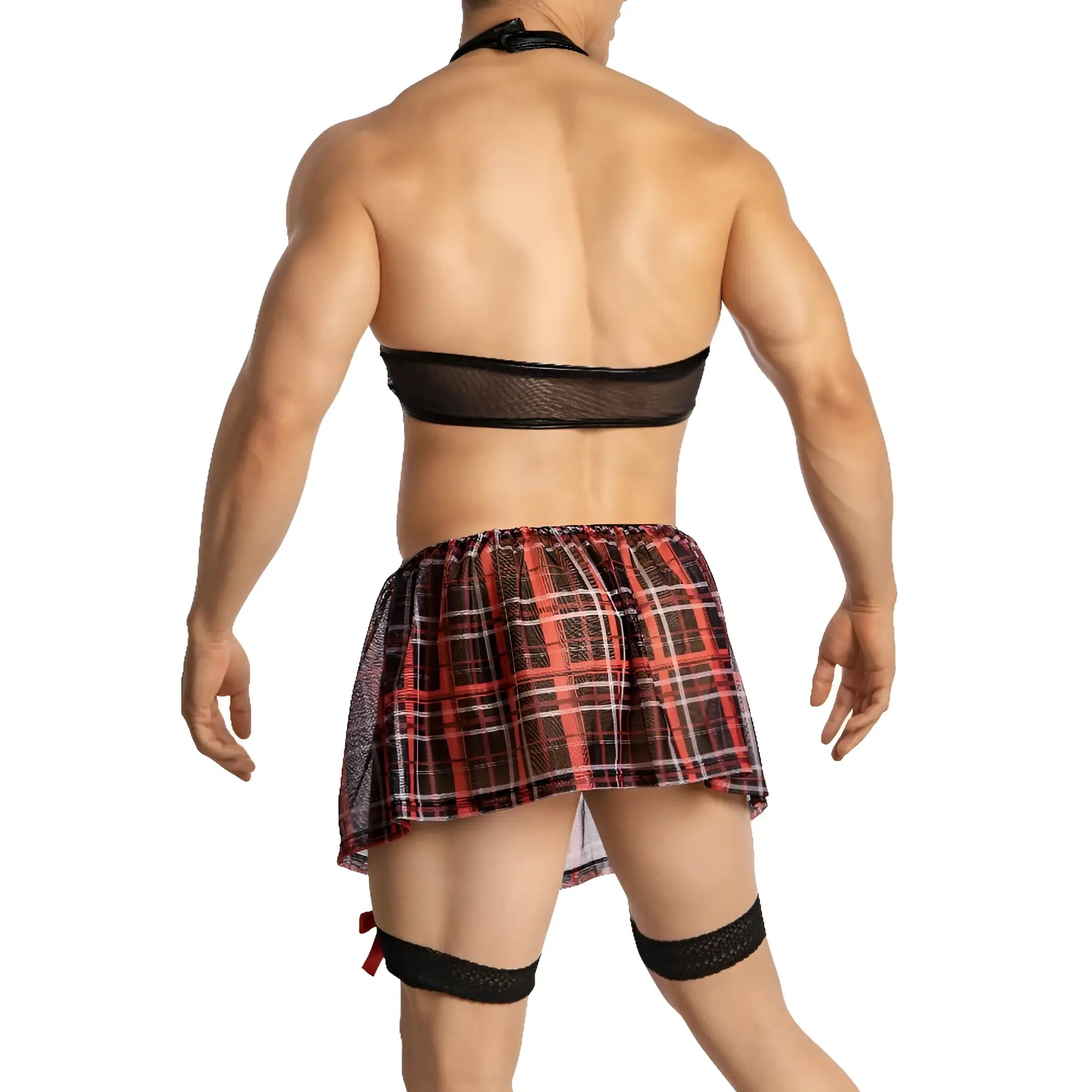 Secret male SMT002 set featuring a red and black plaid mesh mini skirt with a halter top front view