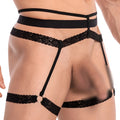 Black lace Secret Male SMU002 garter belt with adjustable straps and decorative scalloped edges
