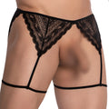 Black lace thong with intricate floral patterns and matching elastic straps from secret male smu006 garter collection