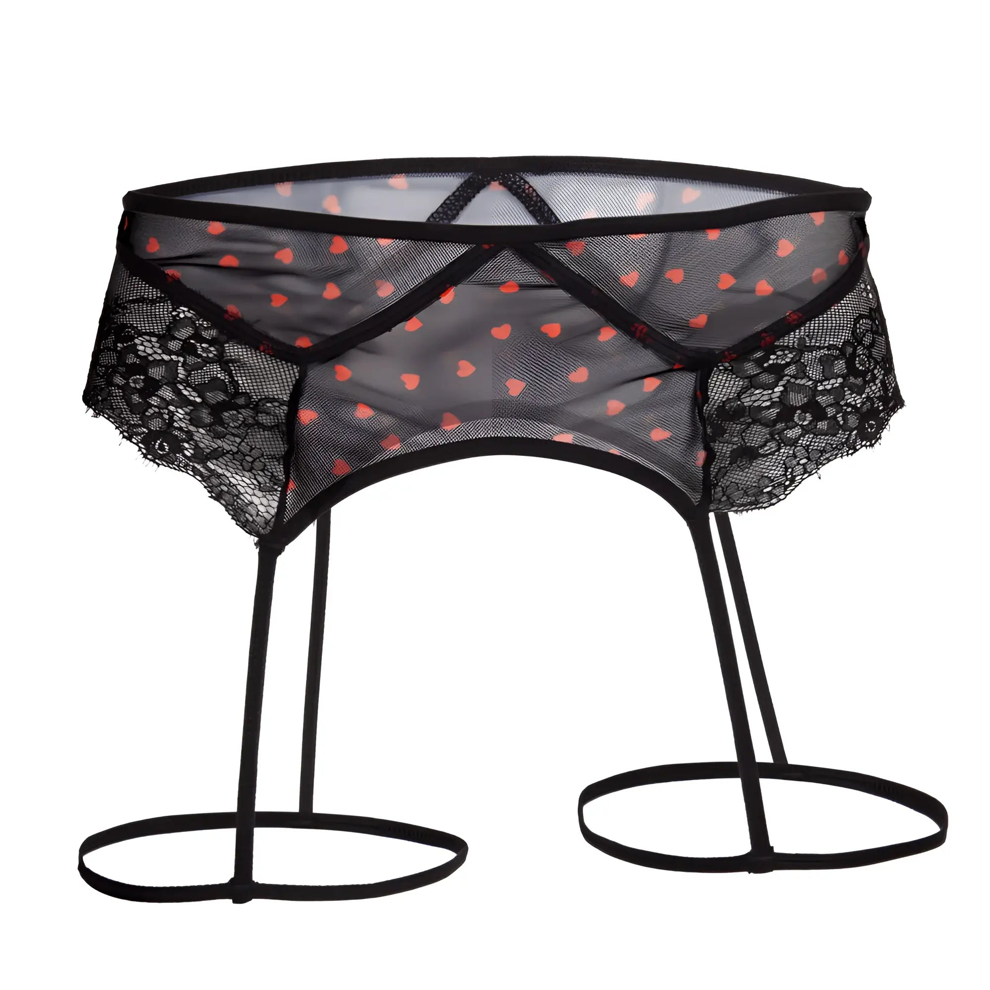 Black lace garter belt with orange polka dots and mesh fabric from secret male smu007 flower laced peek-a-boo lingerie with hearts