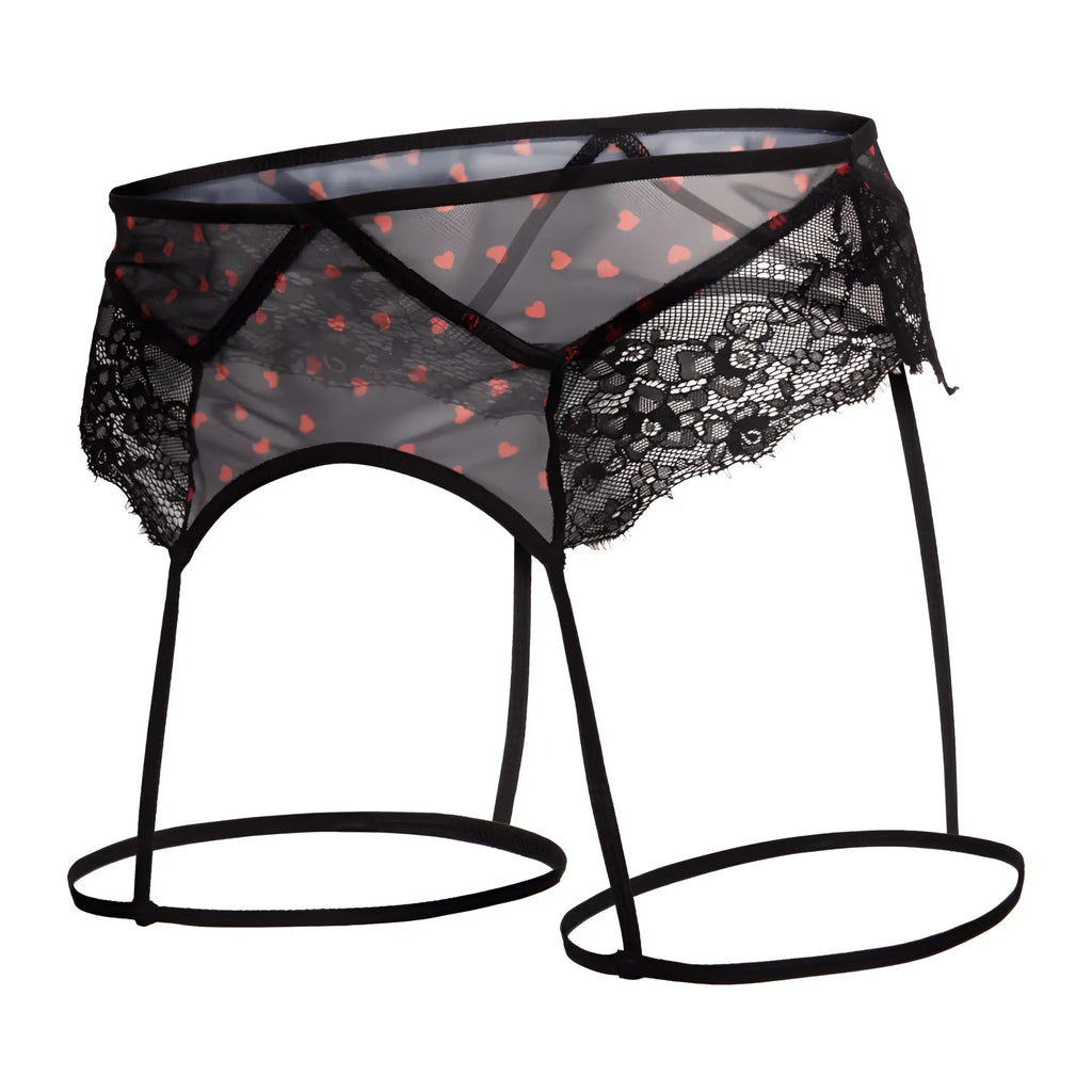 Black lace garter belt with sheer mesh panels and red heart patterns from secret male smu007 flower laced lingerie