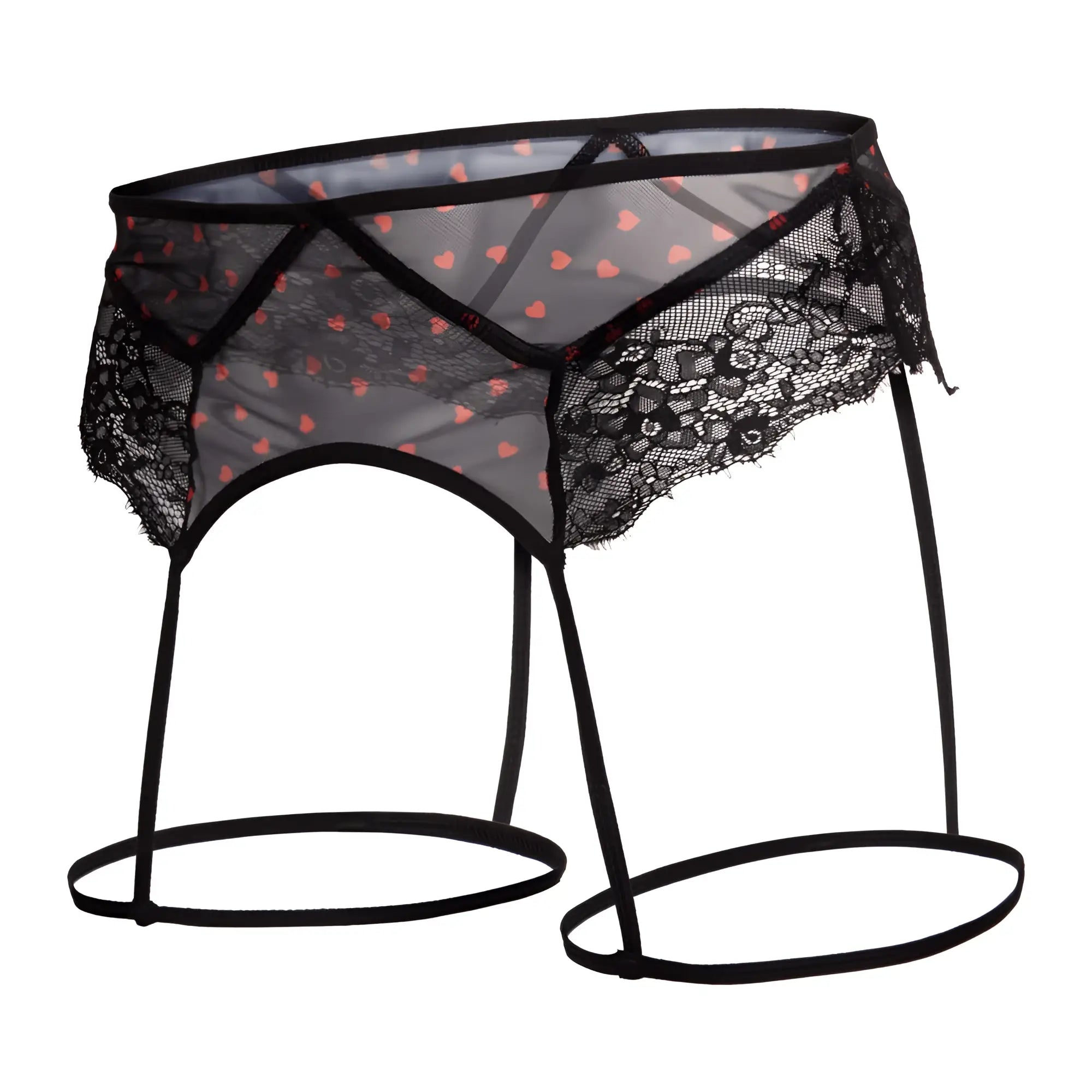 Black lace garter belt with sheer mesh panels and red heart patterns from secret male smu007 flower laced lingerie