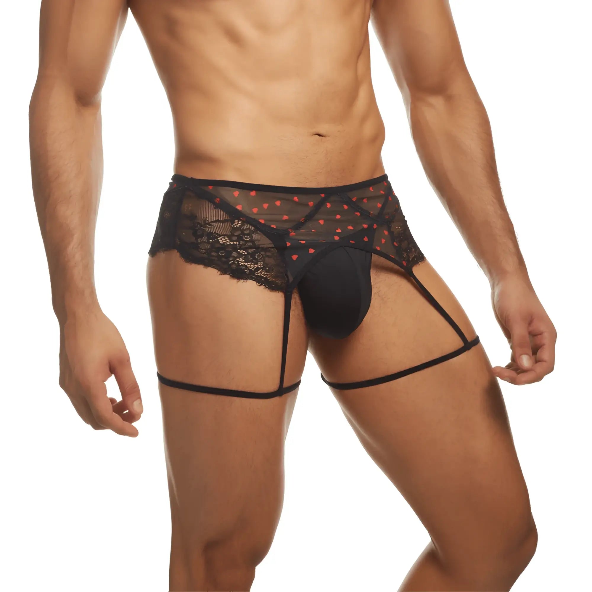 Black lace thong with red heart pattern and matching suspenders from secret male smu007 flower laced peek-a-boo lingerie